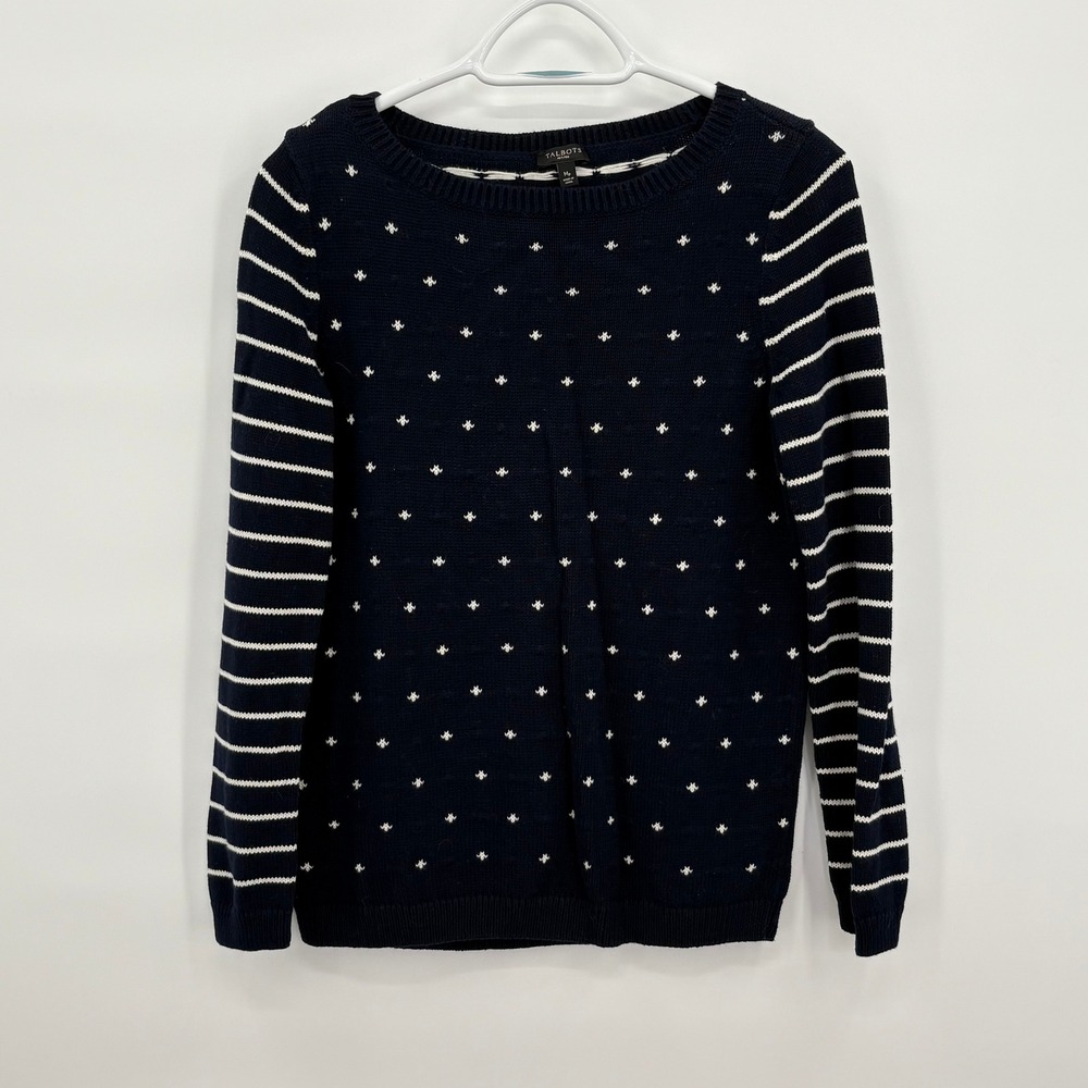 Talbots‎ Petites Navy Blue White Polka Dot Striped Cotton Sweater MP